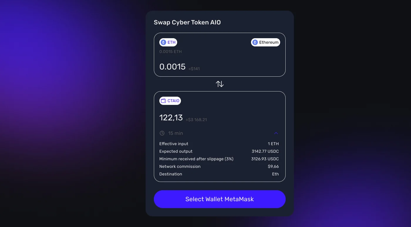 Cyber Token MetaMask wallet integration — Web3.js connect, signed transactions, no custody