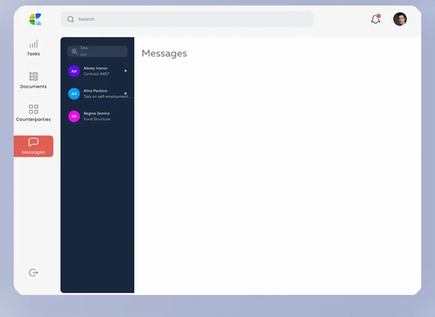 Document management messages module — in-app conversations tied to specific contracts and document tasks