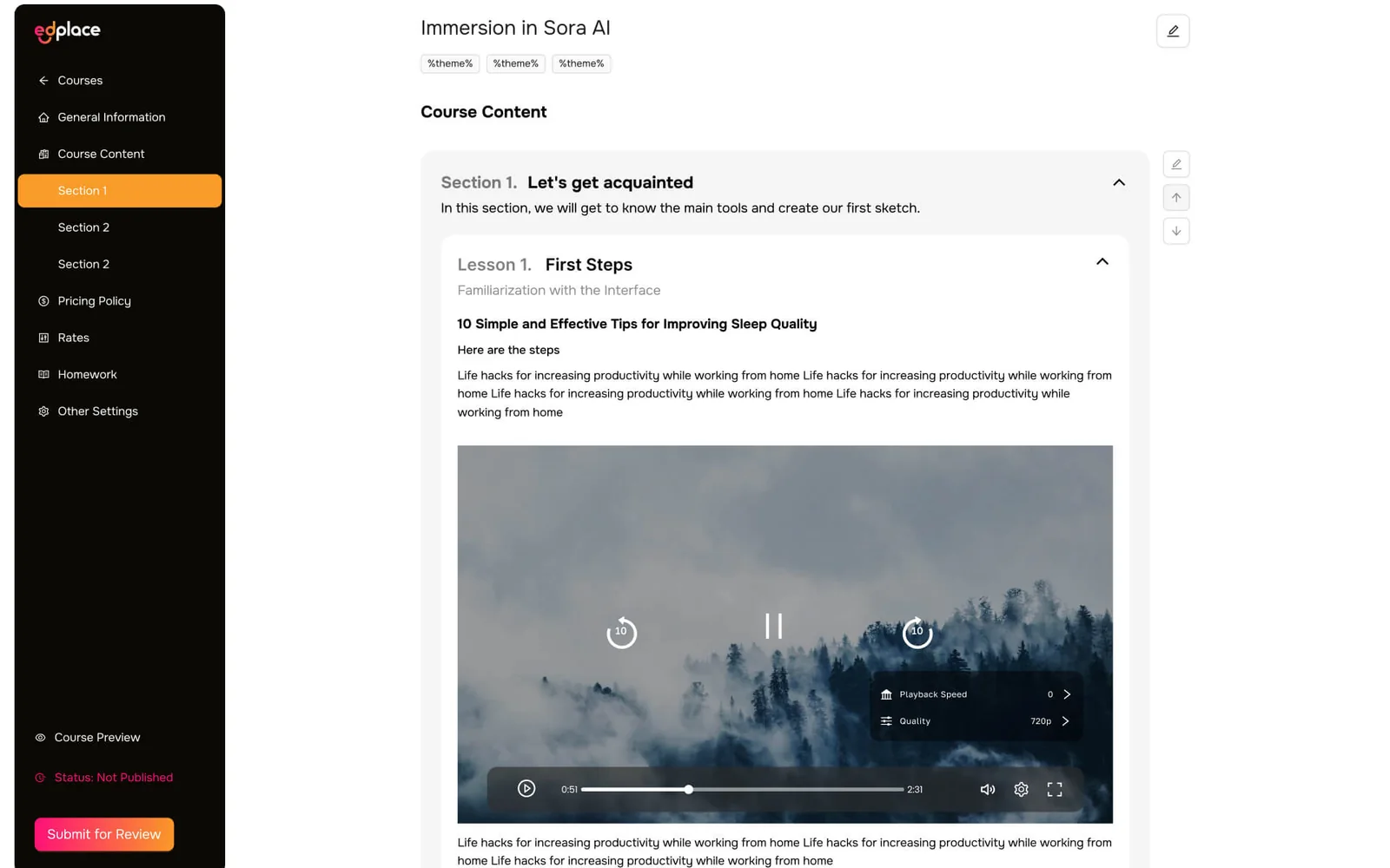 Vista dei contenuti del corso di EdPlace — sezioni e lezioni con un selettore di qualità nel player che mostra 720p e controlli della velocità di riproduzione