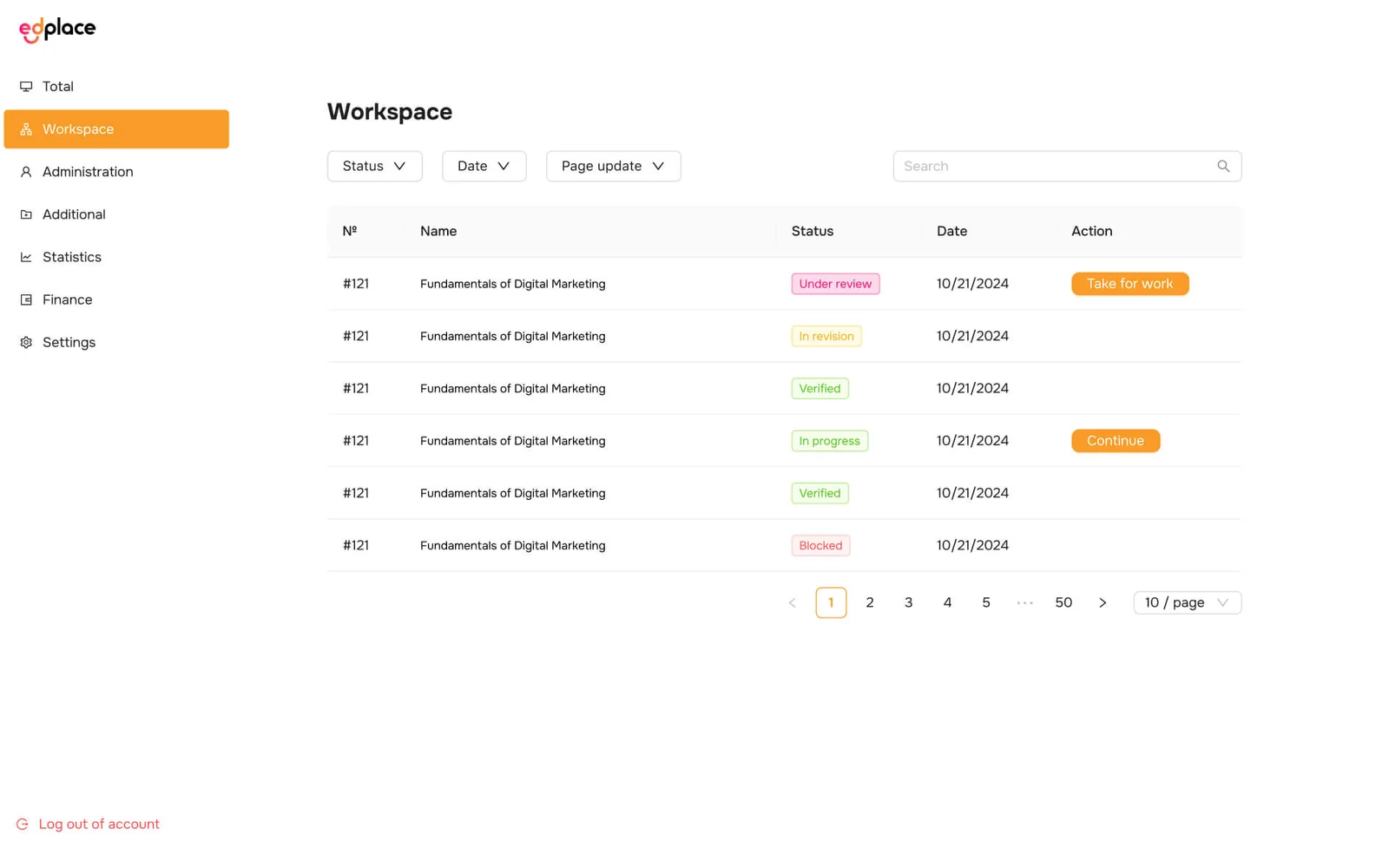 Console admin di EdPlace — un'area di moderazione che elenca i corsi con stati come in revisione, in modifica, verificato, in corso e bloccato