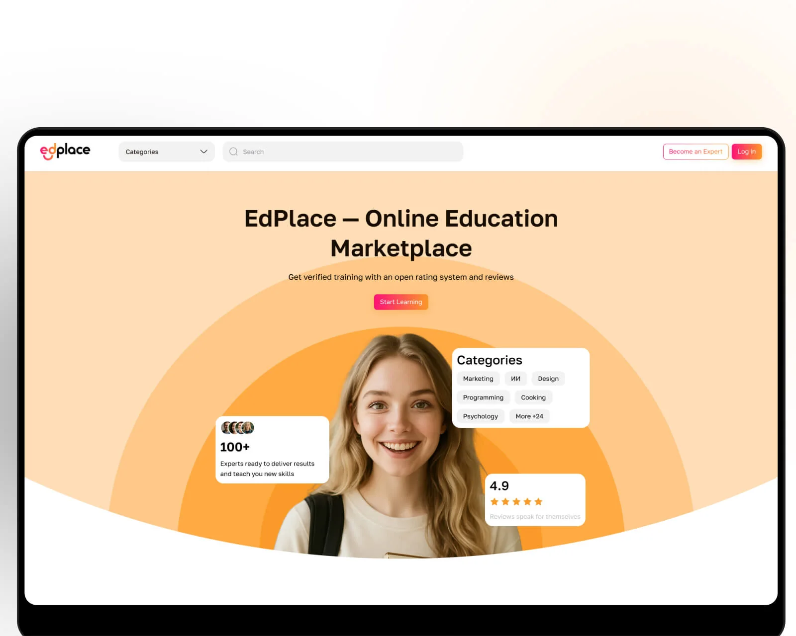 EdPlace Fallstudie Hero &mdash; Landingpage eines Online-Kursmarktplatzes für Lernende in den USA & der EU