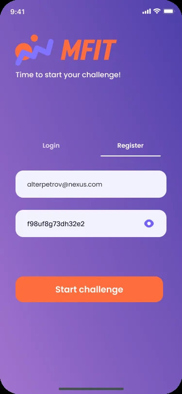 MFIT challenge stats and leaderboard — personal points, kilometers run, and a ranked overview on the Android Kotlin client