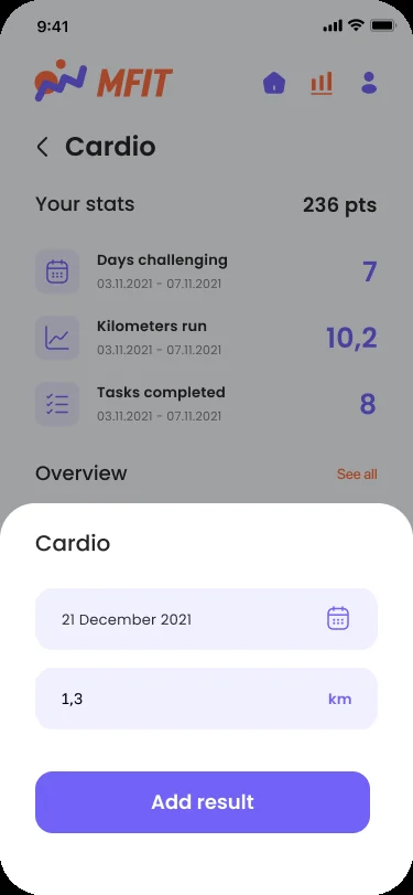 MFIT profile screen — challenges completed, hours spent, total points, activities, and awards on iOS