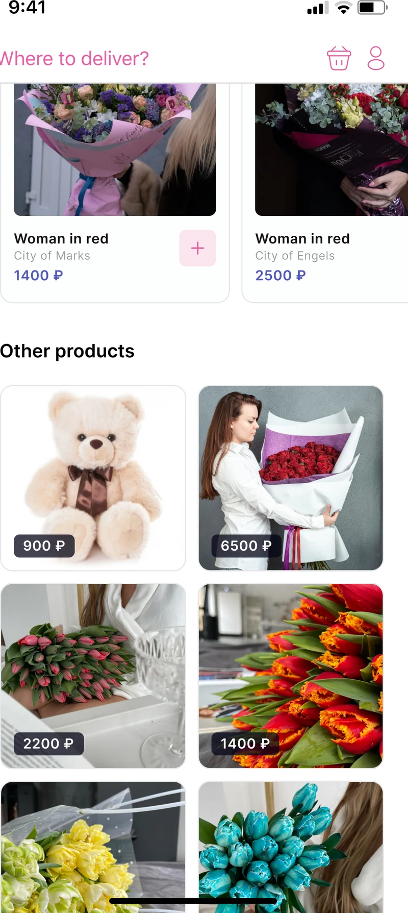 FlowDelivery courier app — customer-facing smart catalog with three-step checkout for US and EU floristry delivery