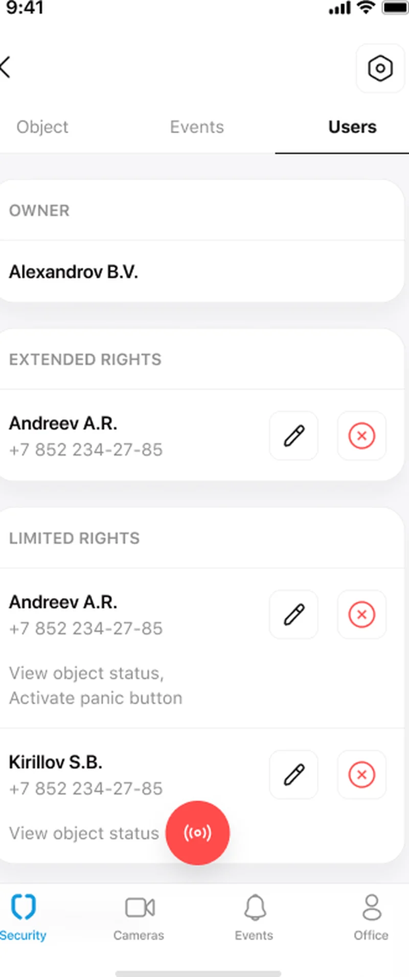 Grom Security multi-user permission model — owner, family, employee and guest roles scoped per zone