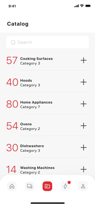 Appliance retail app product catalog — categories with live item counts and search across US and EU stores