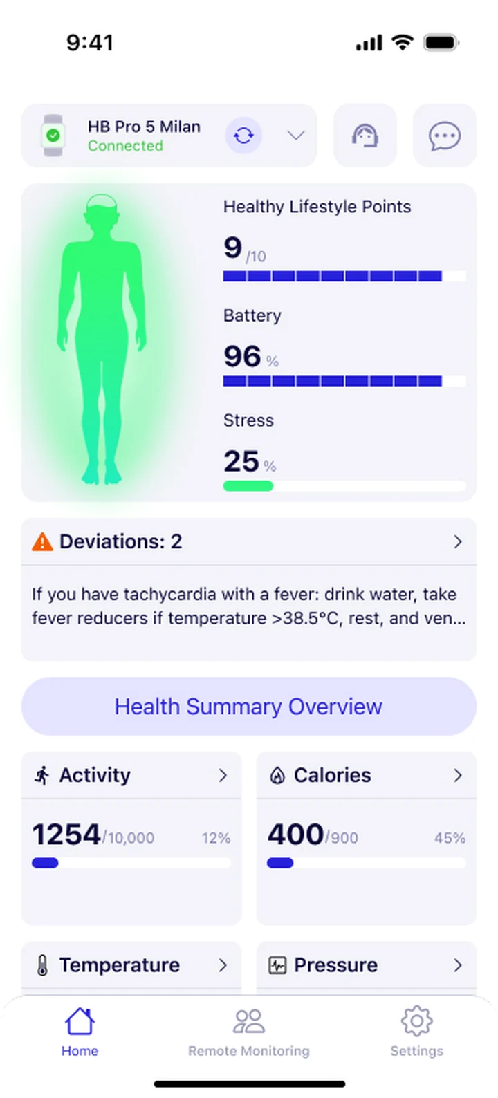 Pantalla de resumen de Healthband: frecuencia cardíaca con tendencia, SpO2, pasos y presión arterial leídos de un reloj inteligente por BLE