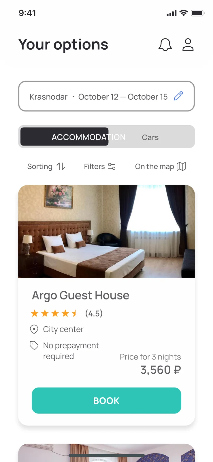 RentAll options list — accommodation and car tabs with sorting, filters, and map view for US and EU cities