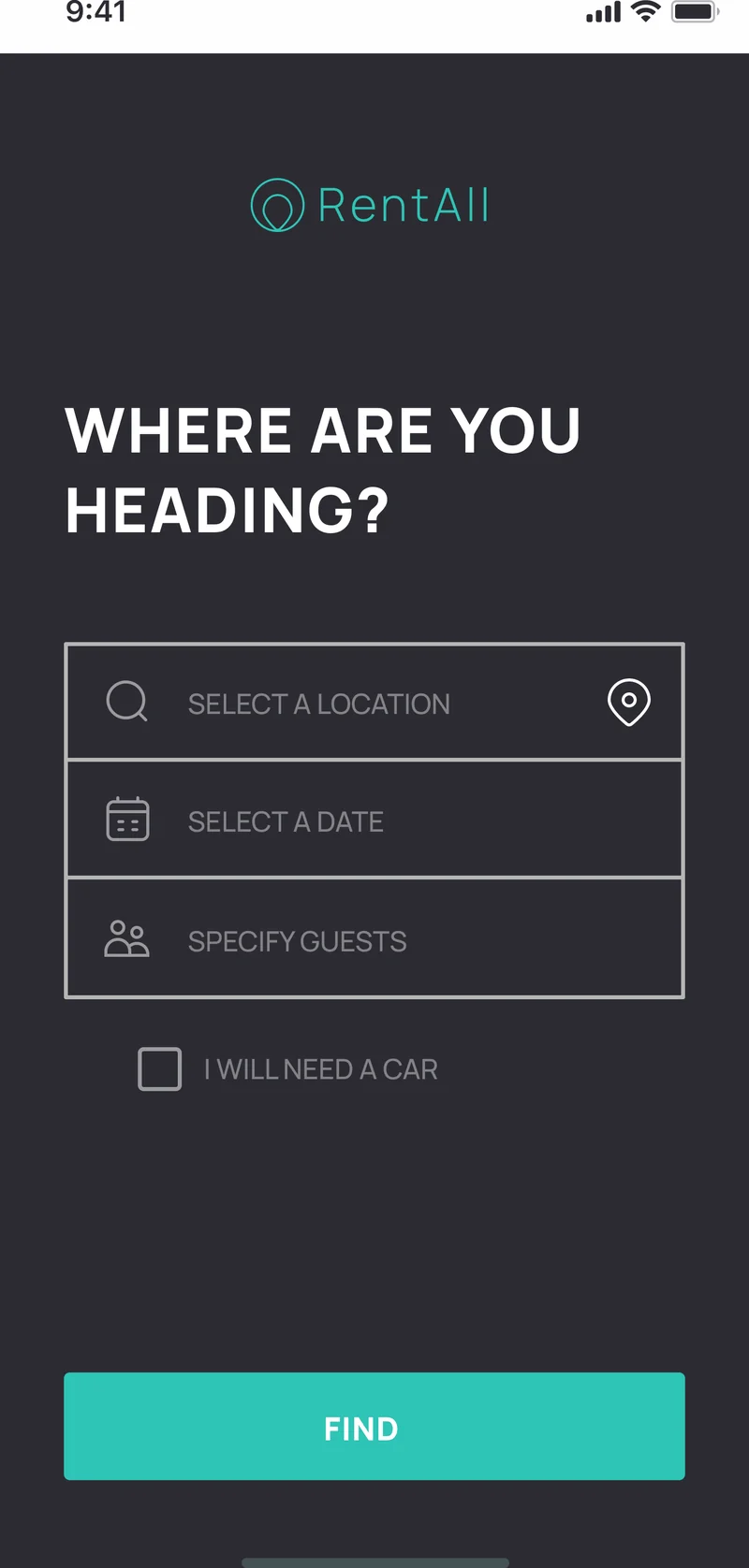 RentAll guest search — location, date, and guest pickers with an optional car toggle for US and EU trips