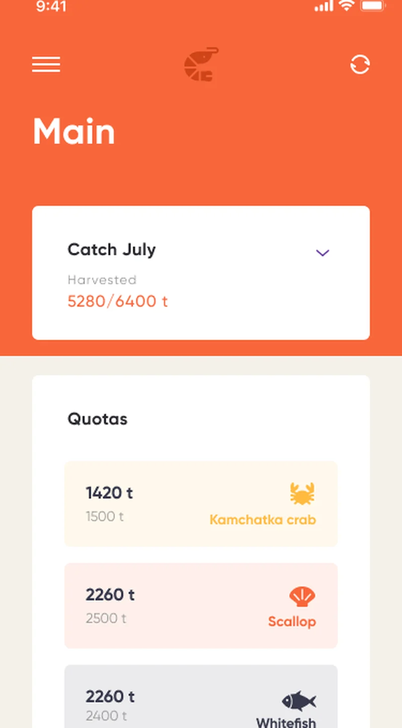 Lucky Shrimp clickable prototype — home dashboard with catch KPIs validated before production code