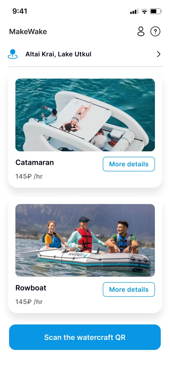 MakeWake geolocated fleet catalog — active trip timer, running trip cost, catamaran and rowboat cards