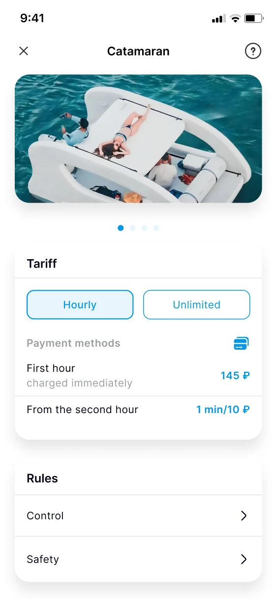 MakeWake catamaran detail — hourly and unlimited tariffs, per-minute pricing, control and safety rules