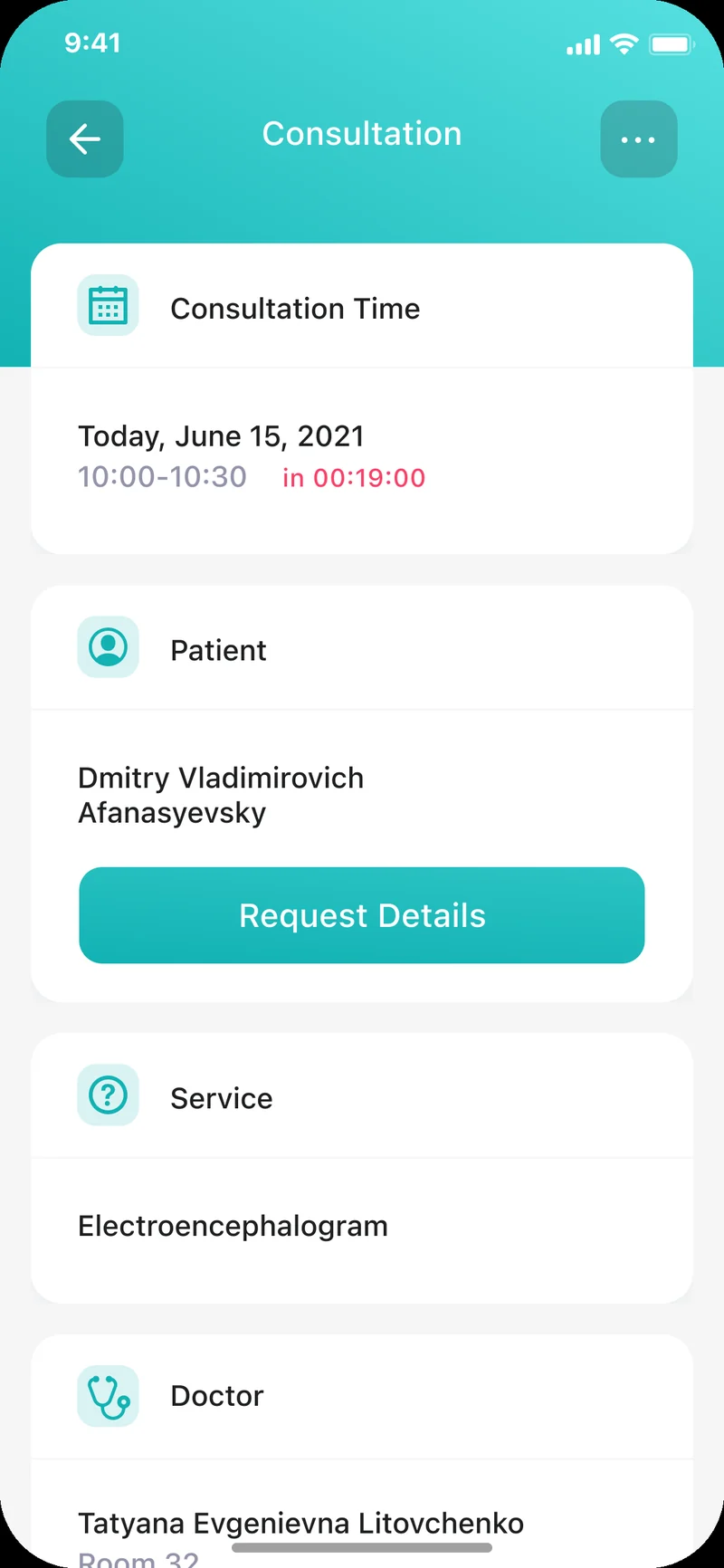 Staff consultation view — appointment time, patient, service, and assigned doctor in the clinic platform
