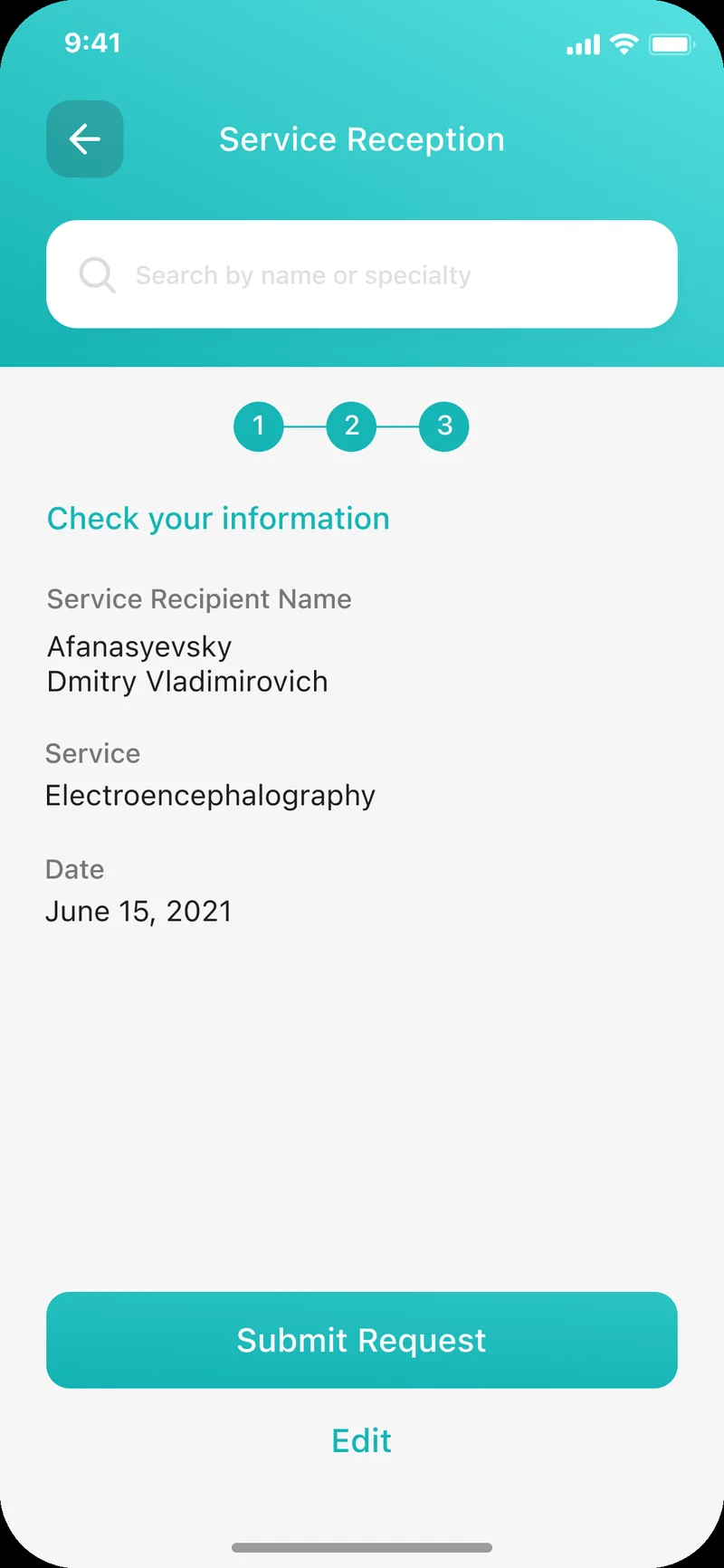 Patient iOS app — multi-step appointment confirmation with service recipient, service, and date