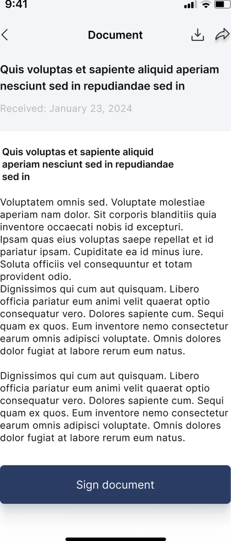 Signatory Pro document detail — contract body with Sign document call-to-action on iOS