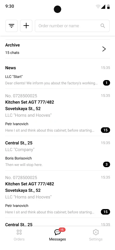Elenco chat in StartApp — archivio, notizie aziendali e conversazioni per ordine con contatori di non letti