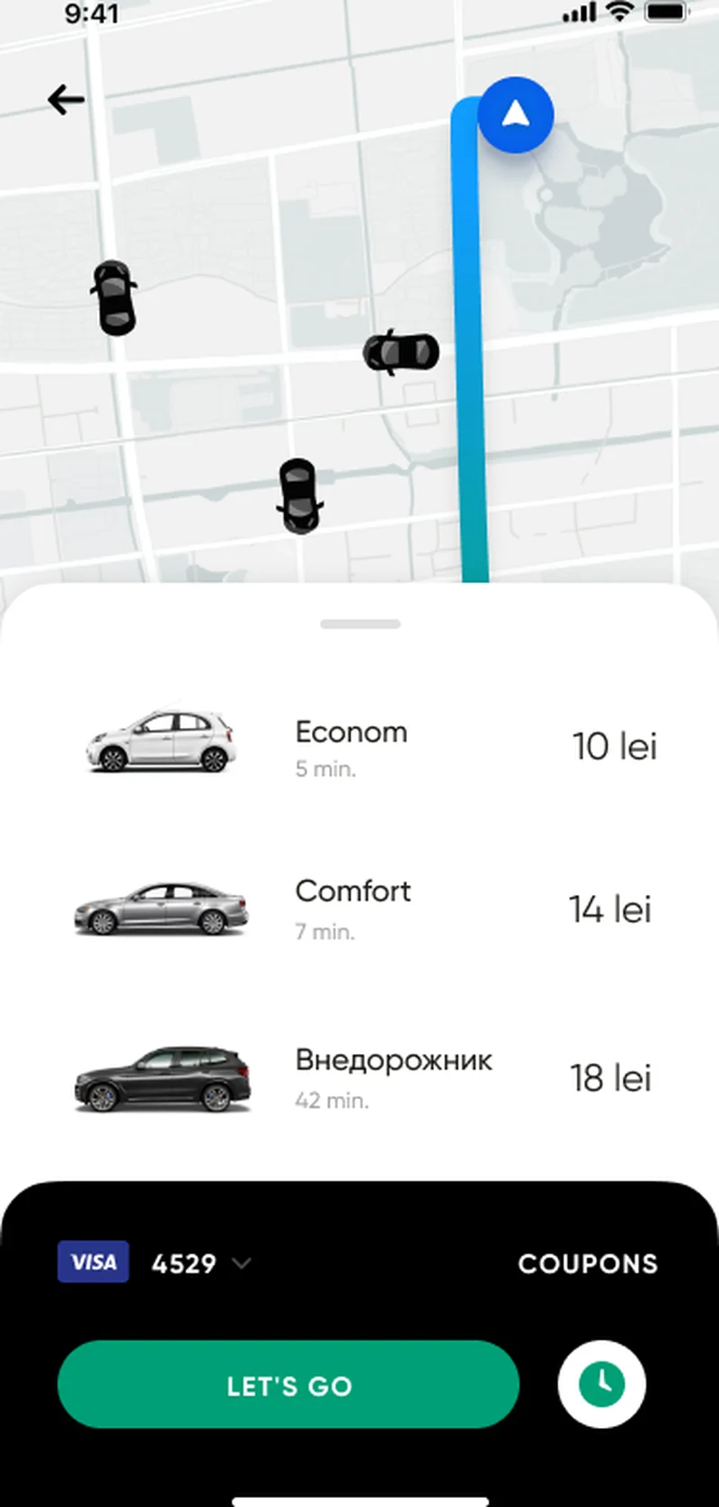 Taxi aggregator pricing — Econom 10 lei, Comfort 14 lei, SUV 18 lei fare tiers with ETA and LET'S GO CTA