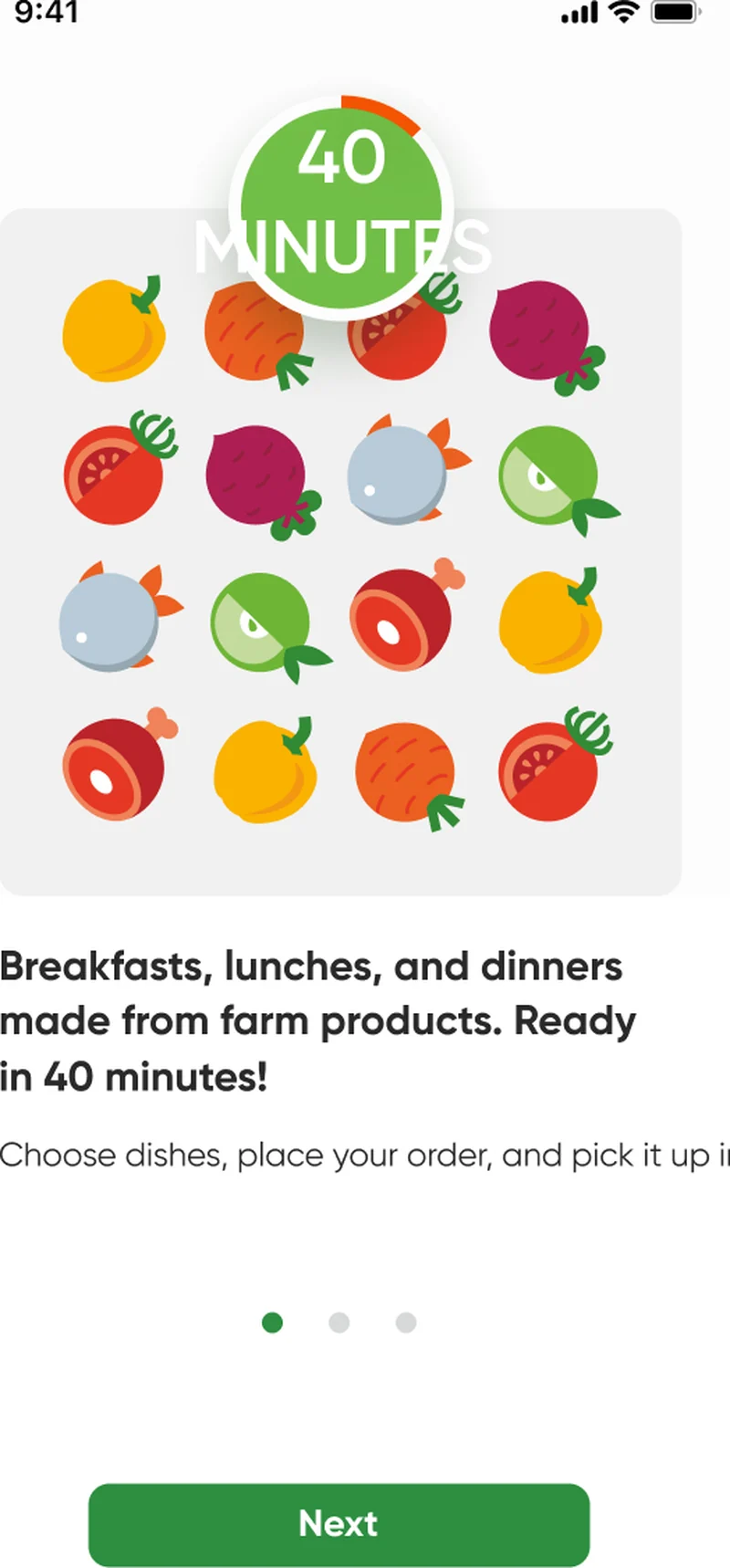 Vilka-Lozhka onboarding — farm-fresh breakfasts, lunches, and dinners ready in 40 minutes, with pickup-first messaging