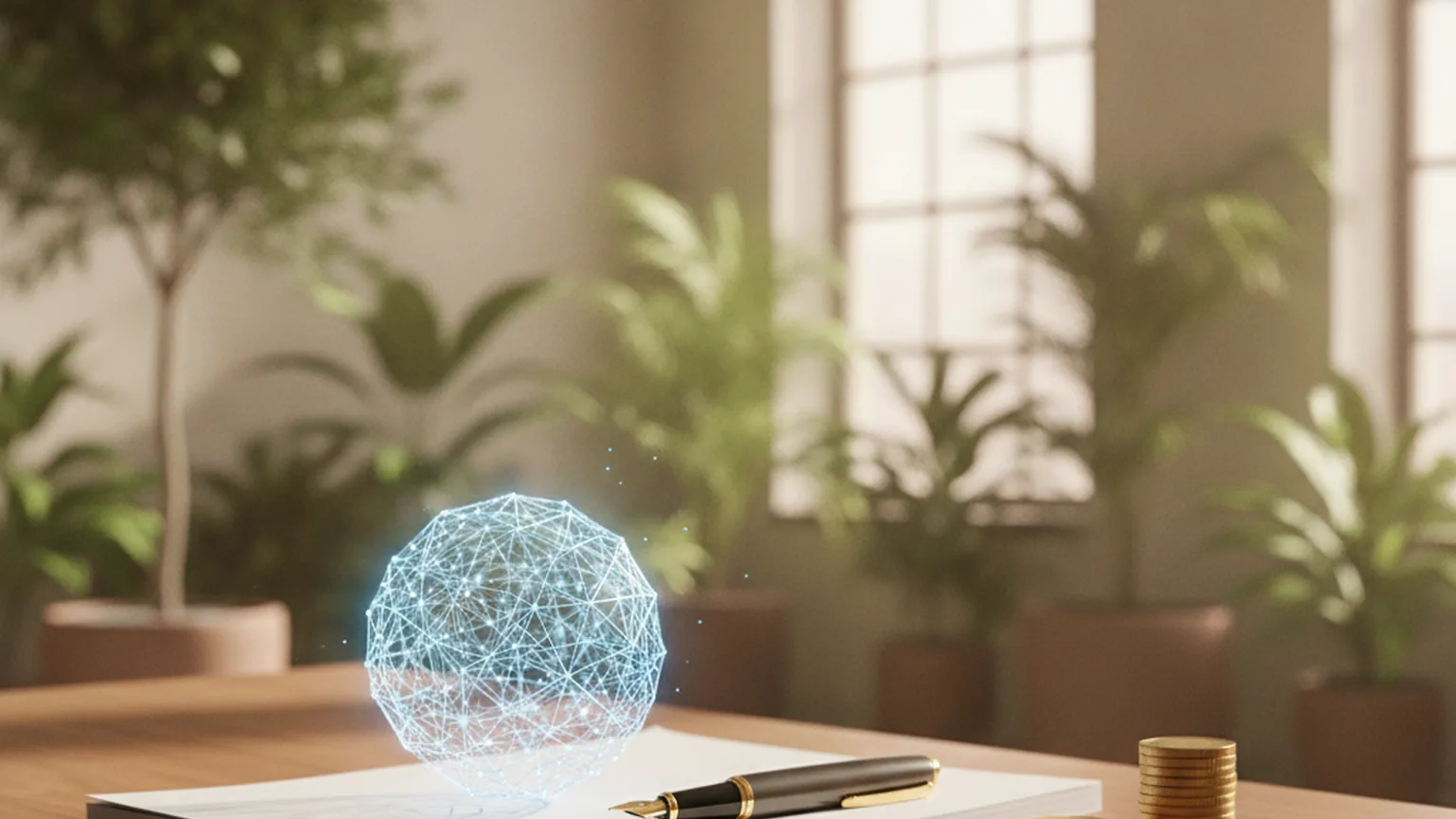 Scrivania in un ufficio luminoso: una sfera luminosa di linee che rappresenta un assistente di intelligenza artificiale sopra un foglio bianco, una penna stilografica e una pila di monete