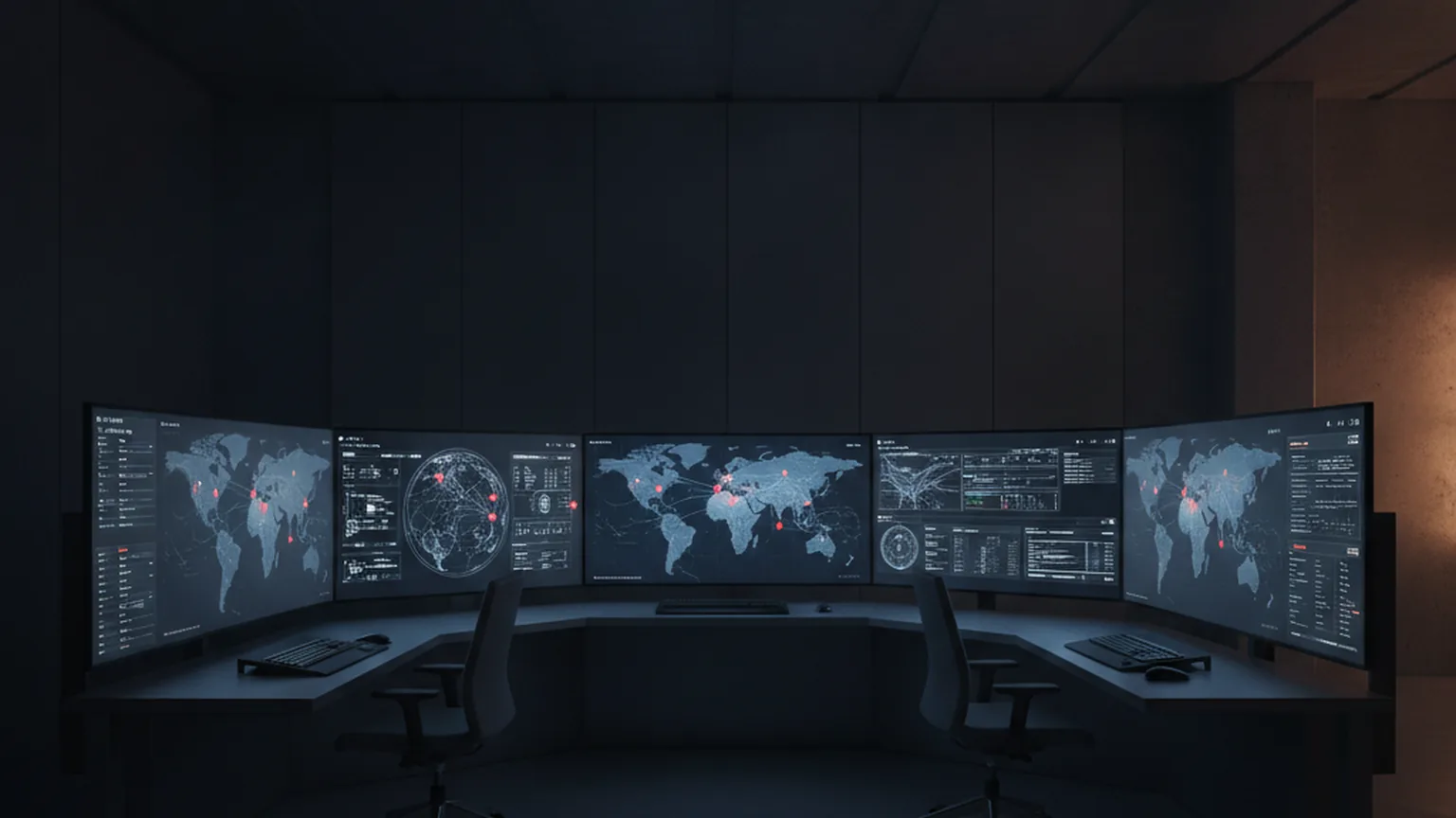 Centro operativo di cybersicurezza con multiple schermi che mostrano mappe delle minacce di rete e dashboard di allerta, illuminazione drammatica blu e ambrata