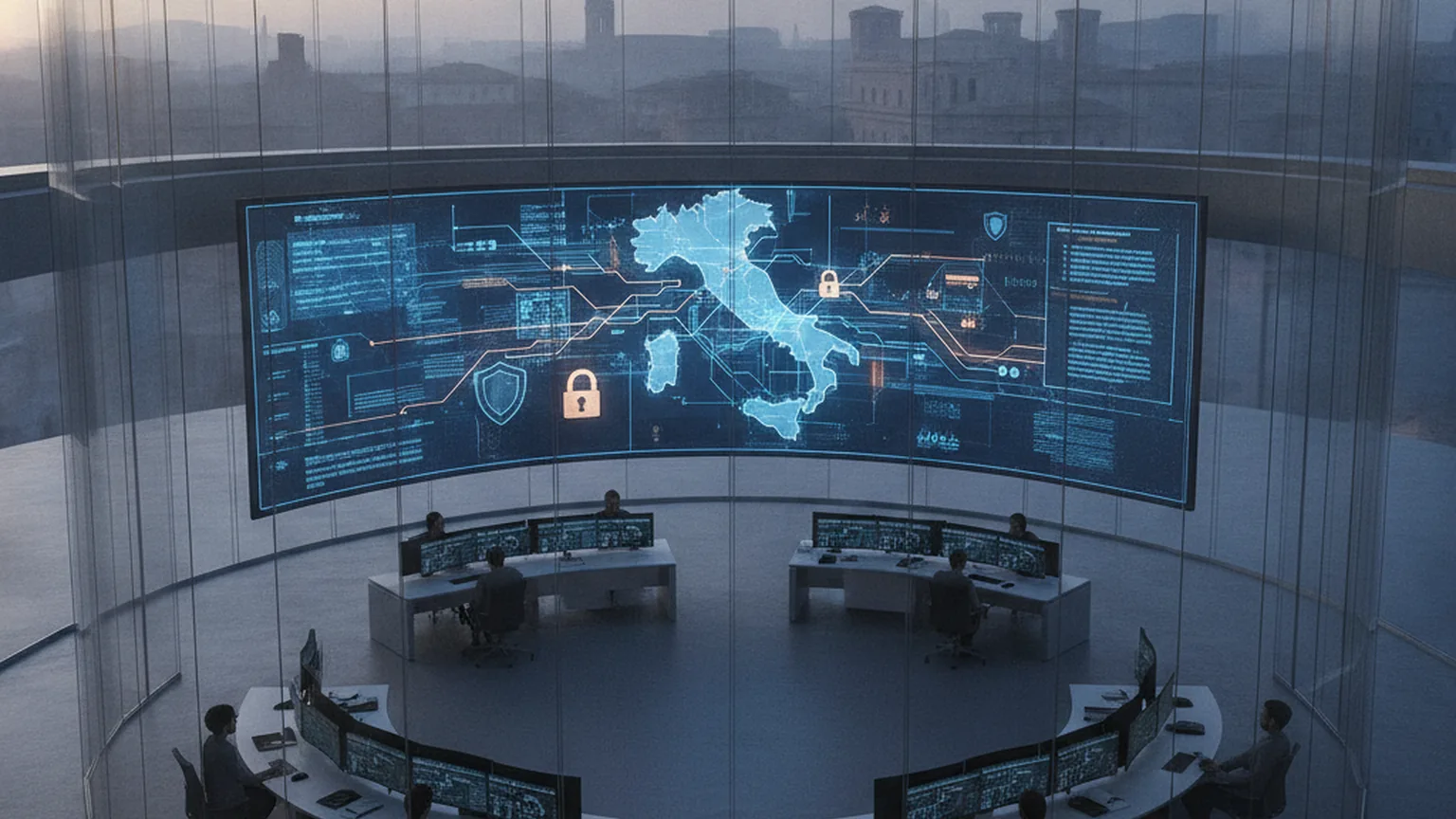 Vista dall'alto di un centro operativo di cybersicurezza con una grande parete di schermi che mostra una mappa dell'Italia percorsa da flussi di dati blu e ambra e icone di lucchetto e scudo, a rappresentare la vigilanza nazionale sulle minacce cyber
