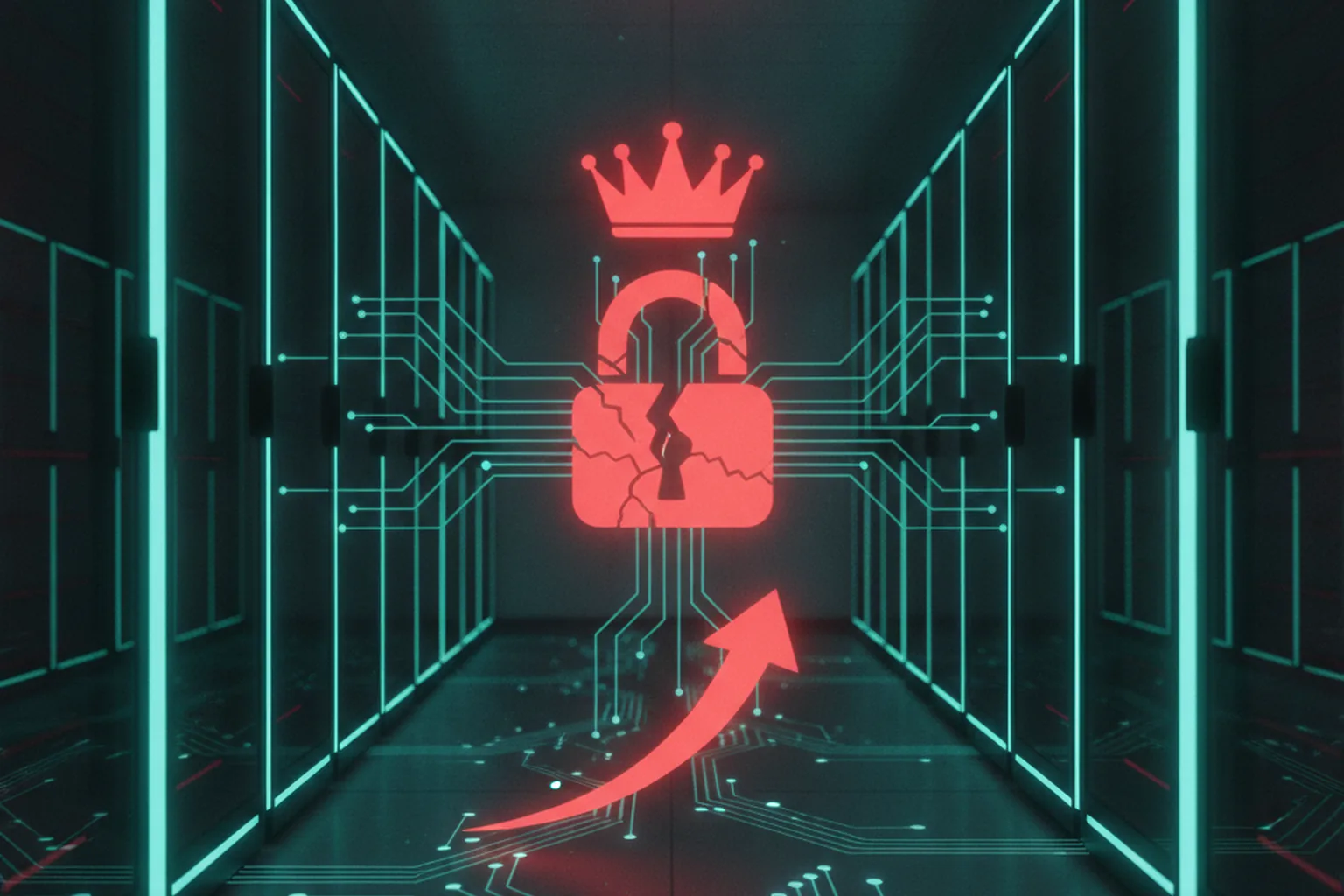 A dark data-center aisle of server racks with a glowing red cracked padlock, a root crown, and an upward arrow, illustrating local privilege escalation to root on a Linux hosting server