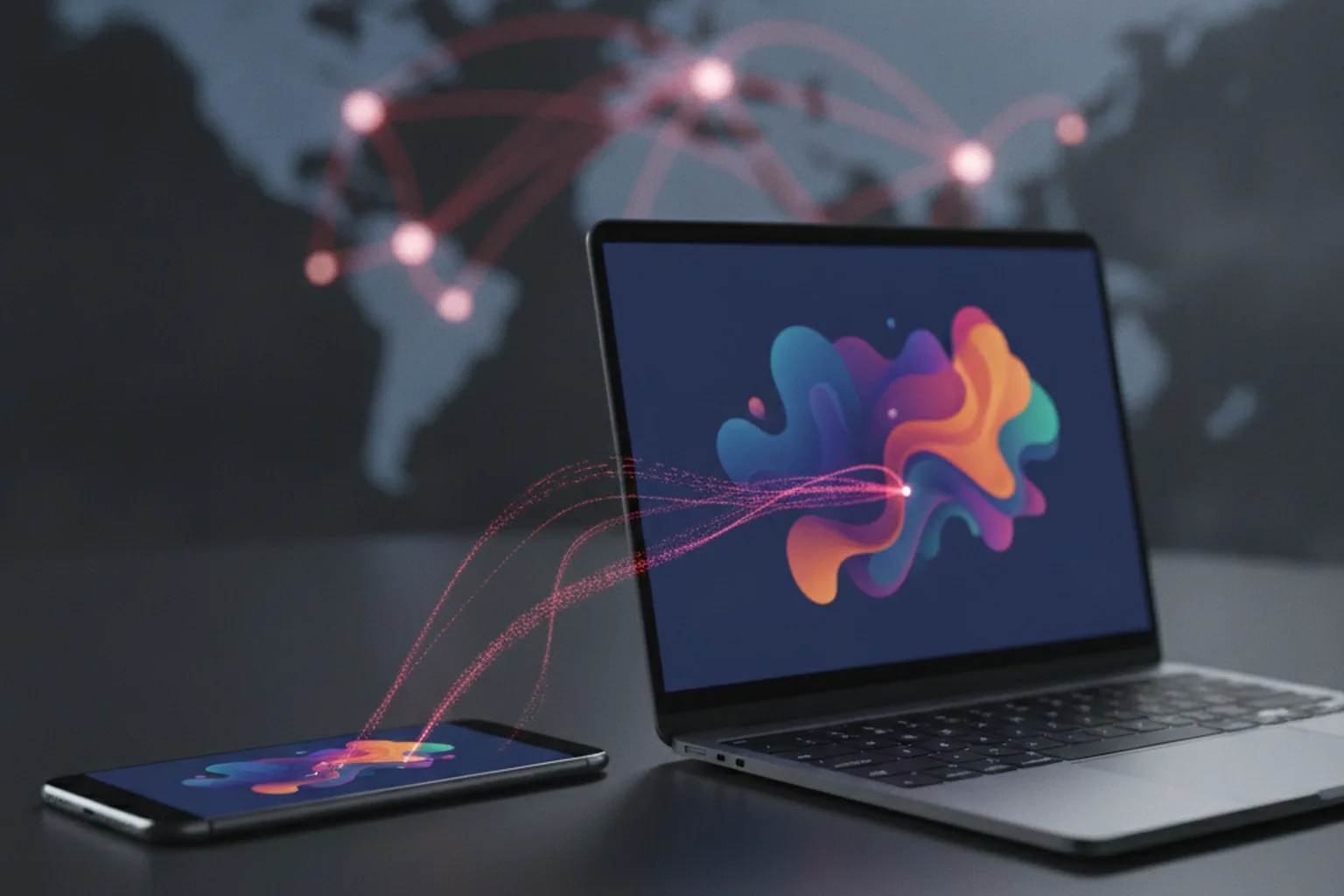 A smartphone and a laptop on a dark desk showing colourful banner ads, with a glowing red stream of code passing from the ad into the devices and an ad auction network over a world map behind them