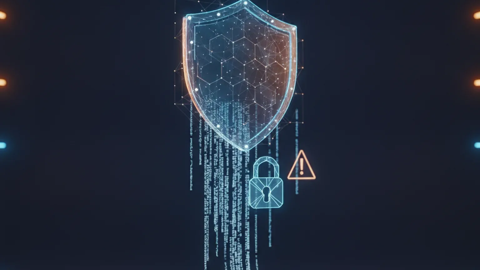 Abstract security illustration of a glowing digital shield above cascading server code with a padlock and a warning triangle on a deep navy background