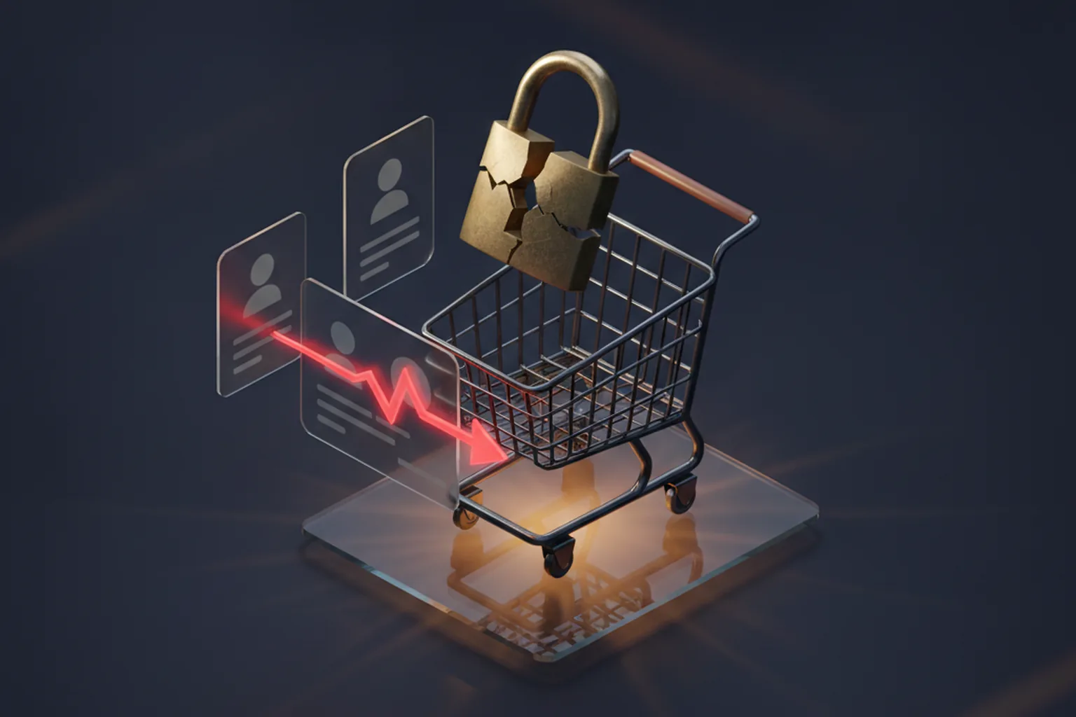 Isometric shopping cart with a cracked padlock and two customer profile cards connected by a red attack arrow, representing an unauthenticated session hijack on an e-commerce platform
