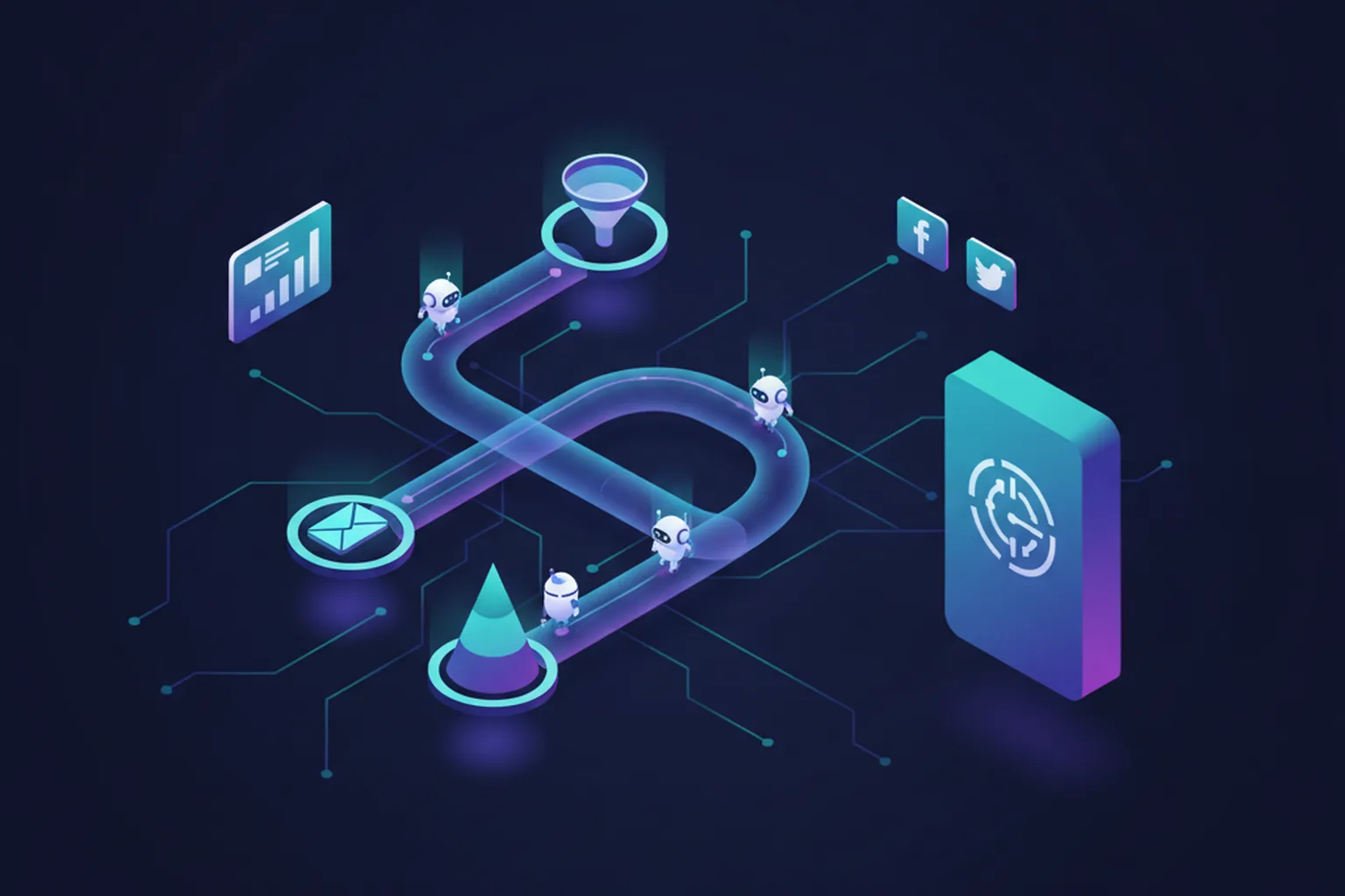 Illustrazione isometrica di un workflow di marketing automatizzato: una pipeline luminosa di nodi di campagna collegati e piccole icone di agenti autonomi che instradano attività tra una dashboard di analisi, un funnel e pannelli e-mail e social, che confluiscono in un blocco più grande di piattaforma enterprise sulla destra, su sfondo blu notte