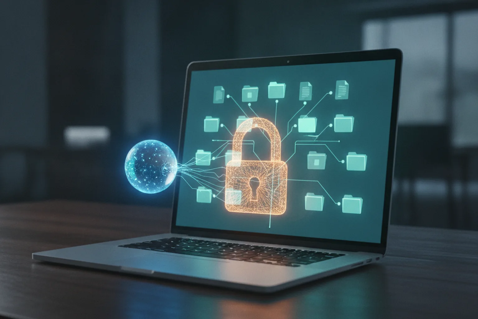 A silver laptop on a dark desk showing a glowing tree of folders, with a blue orb representing a software agent stopped by an amber padlock in front of the files