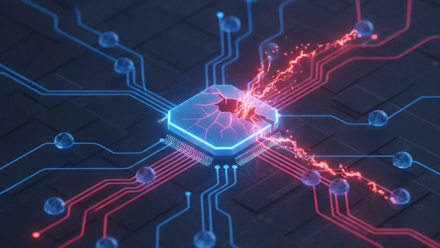 Conceptual illustration of AI agent nodes connected by data lines flowing into a central orchestration hub that is cracked and glowing red where malicious code injects into the pipeline