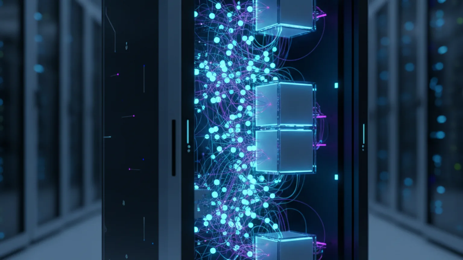 Abstract visualization of many autonomous software agent nodes orchestrated inside a cloud data center, with glowing interconnected network lines and isolated compute cells on a deep navy background