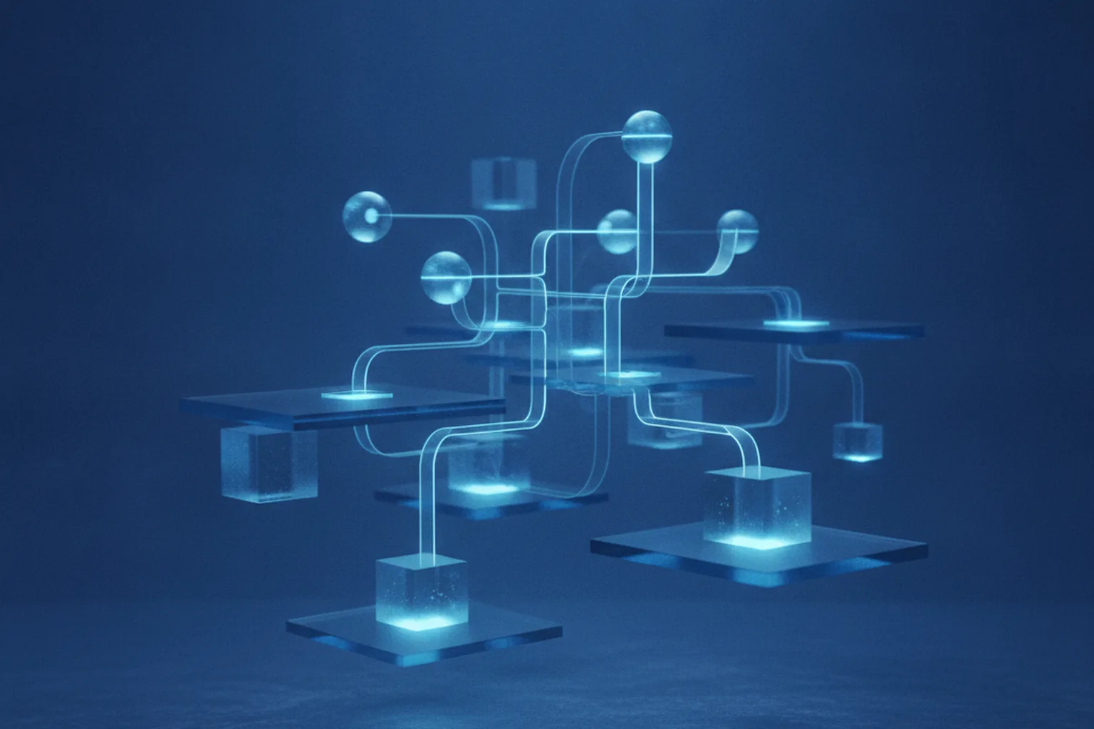 Abstract visualization of interconnected AI agent nodes with glowing modular plugin blocks flowing across platforms on a dark blue background