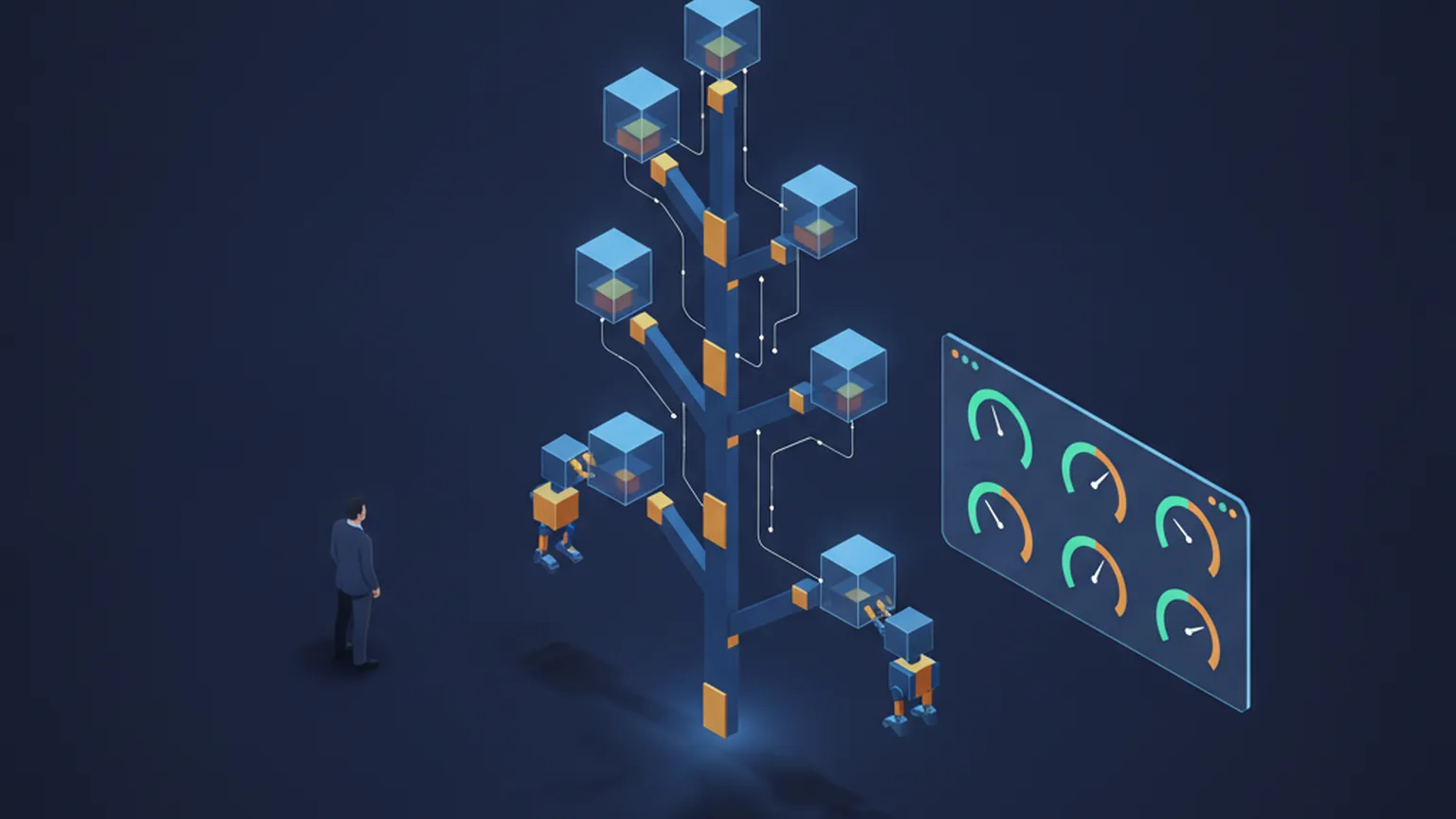 Isometric illustration of a glowing tree of code commits with small robot agents adding blocks, a panel of green and amber score gauges beside it and a person watching from a distance