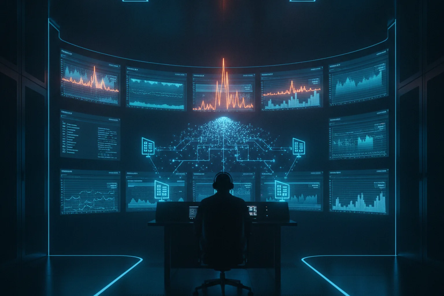 A dark operations room with a wall of monitors showing traffic graphs with orange anomaly spikes, and a swarm of blue light particles flowing through a network toward data endpoints