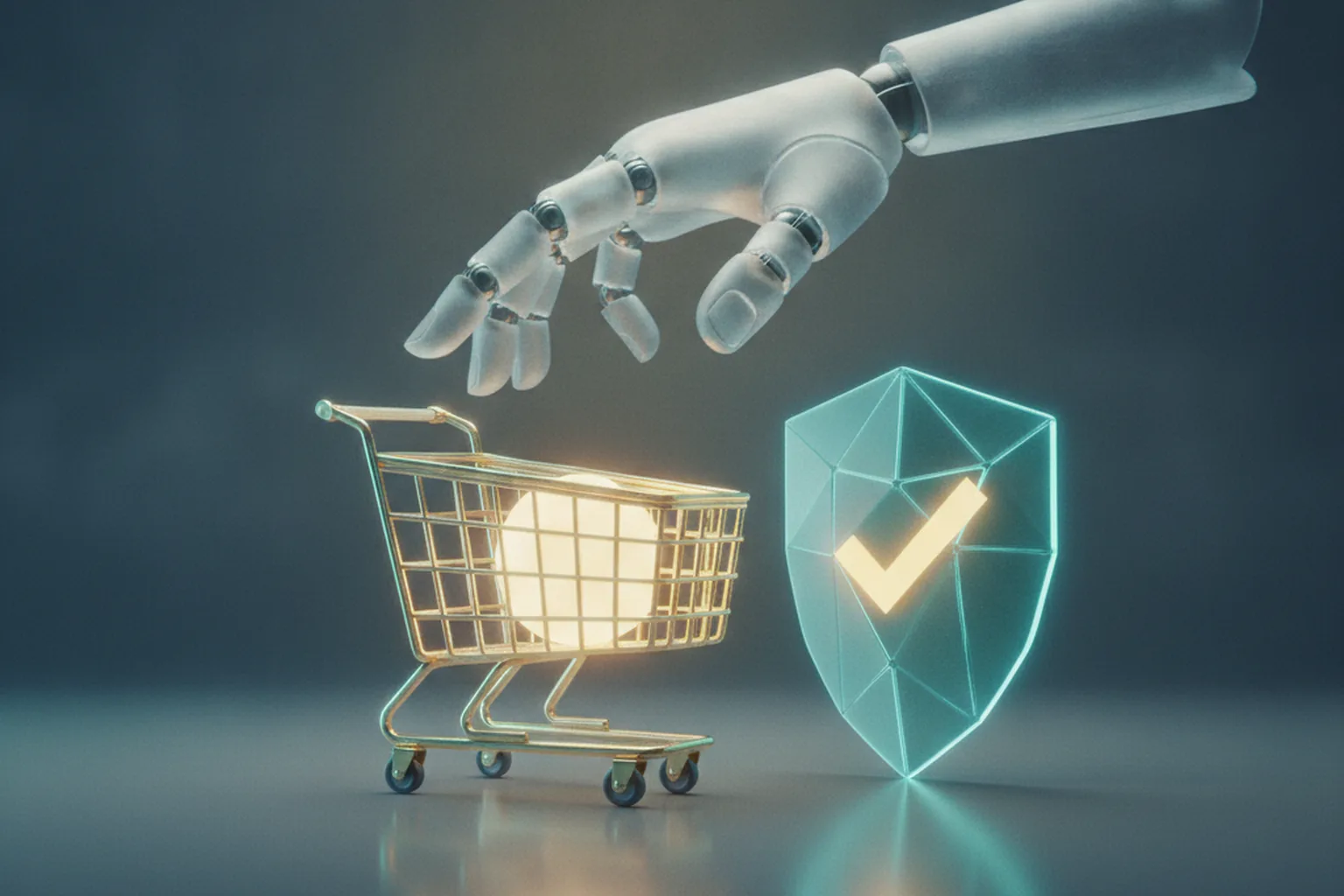 A robotic hand reaching toward a glowing shopping cart beside a translucent teal payment shield with a checkmark, representing consumer trust in AI-driven autonomous payments