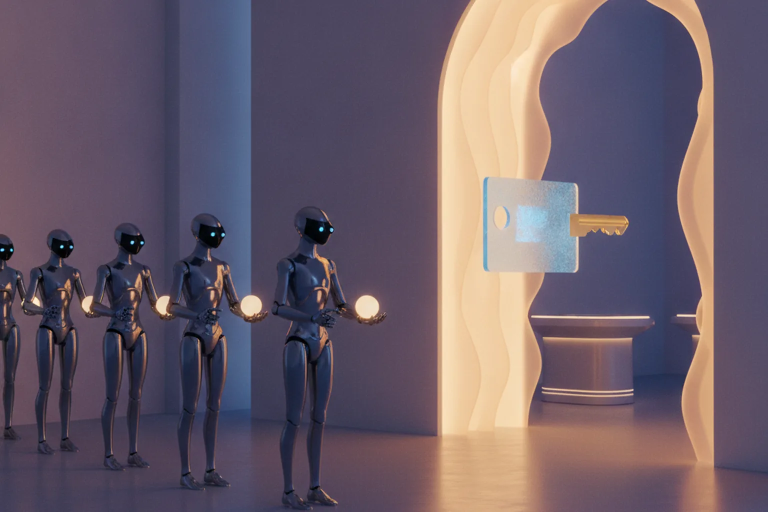 A line of humanoid robot assistants holding glowing tokens waits beside a softly lit arched doorway with a translucent key card, illustrating AI agents requesting authorised access to a business