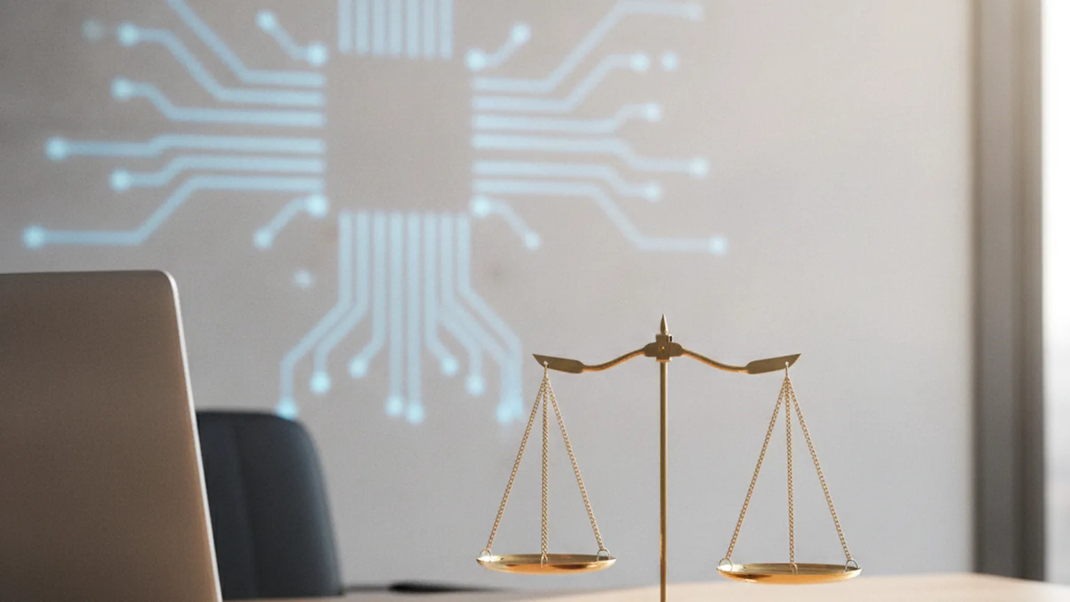 Bilancia della giustizia in ottone su una scrivania d'ufficio accanto a un laptop, con un motivo luminoso a circuito elettronico proiettato sulla parete alle spalle, a rappresentare la regolamentazione europea dell'intelligenza artificiale