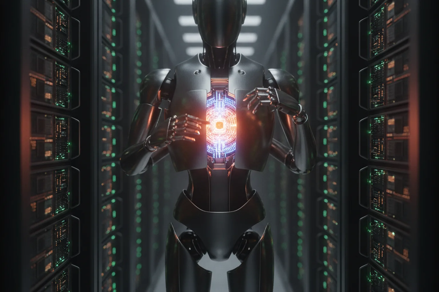 Autonomous AI robot figure standing in a dark server corridor, holding a glowing vulnerability node, representing an AI security agent exposing a CI/CD pipeline flaw
