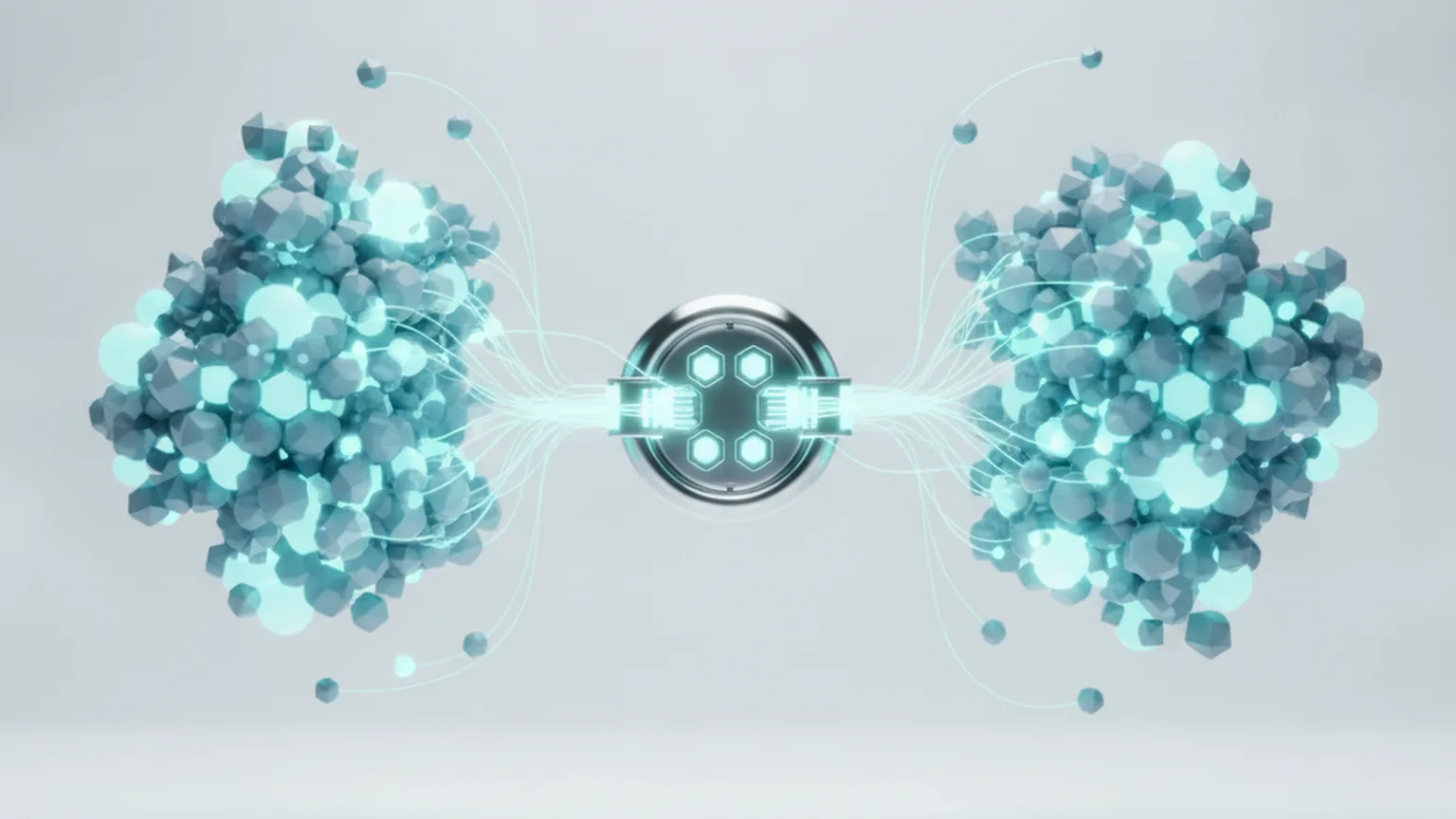 Two clusters of glowing geometric agent nodes on opposite sides connecting through a single central standardized socket, illustrating competing AI agent interoperability protocols meeting at a shared plumbing layer