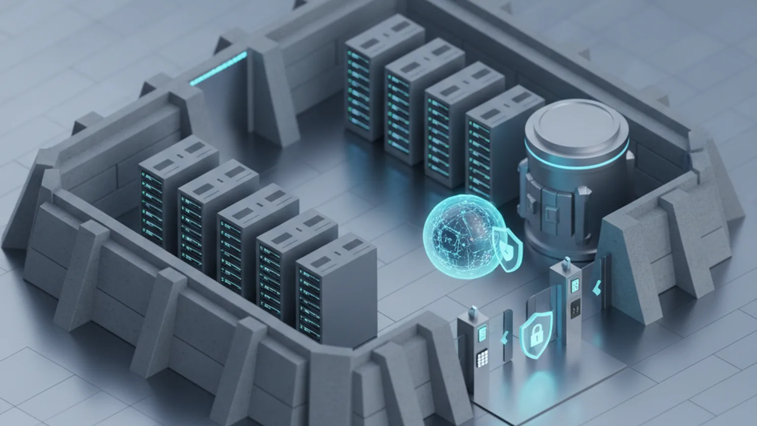Isometric illustration of a fortified, isolated government cloud region with rows of server racks behind a perimeter wall, an AI agent node passing a security checkpoint with a shield and padlock, and a sealed data vault