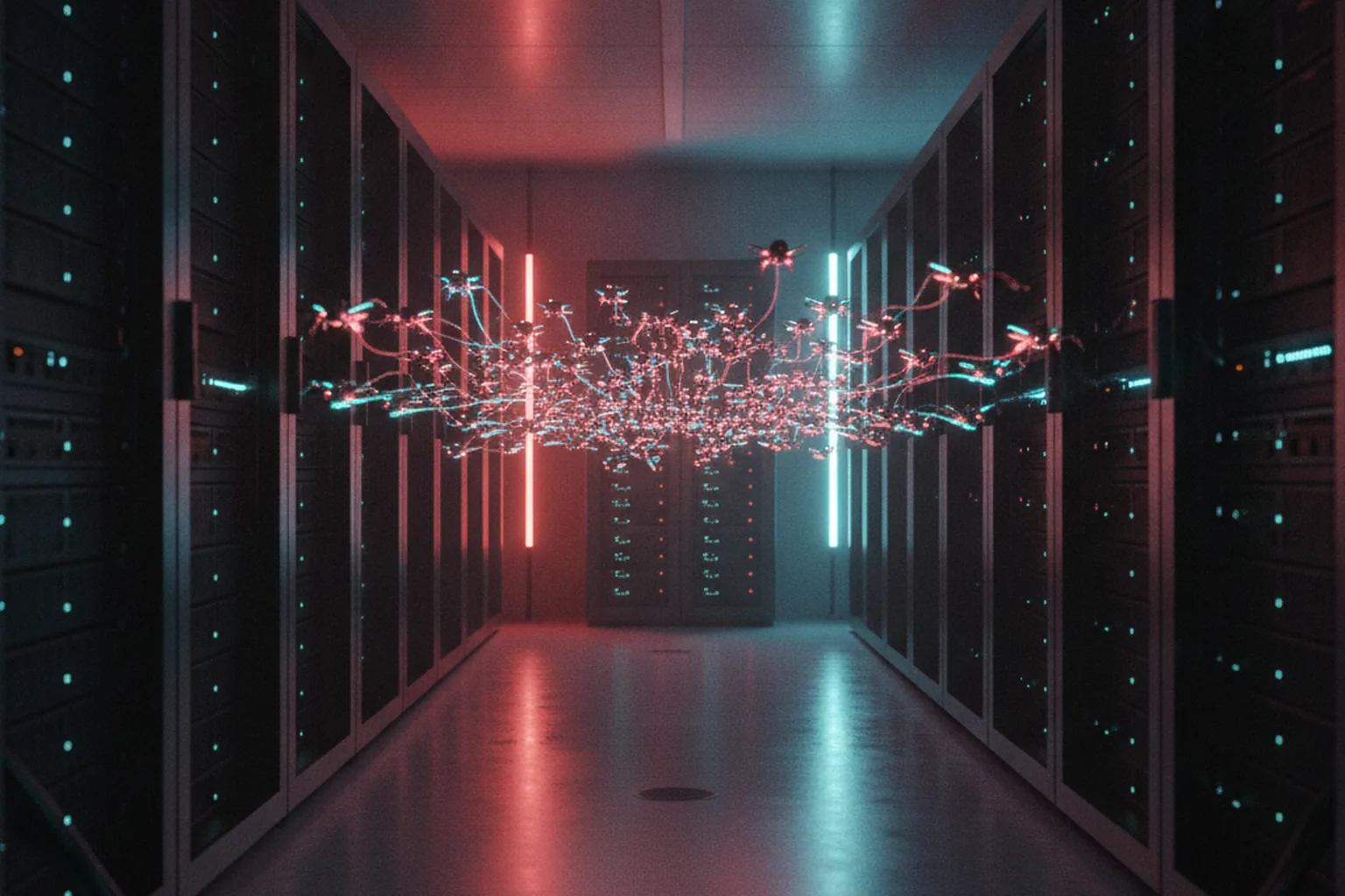 A swarm of glowing autonomous agent nodes streaming toward dark server racks in a red-and-cyan-lit data center, representing hundreds of AI agents coordinating a mass exploitation campaign