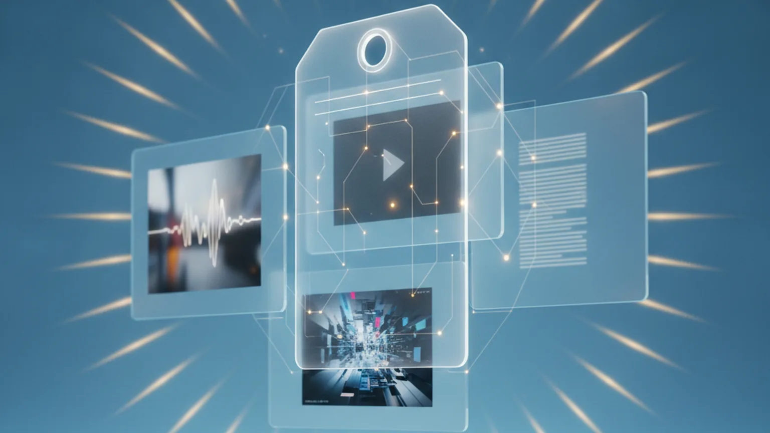 Illustration of a machine-readable label badge and watermark motif over floating panels of AI-generated image, audio, video and text against a circle of stars, representing EU AI Act transparency marking of synthetic content