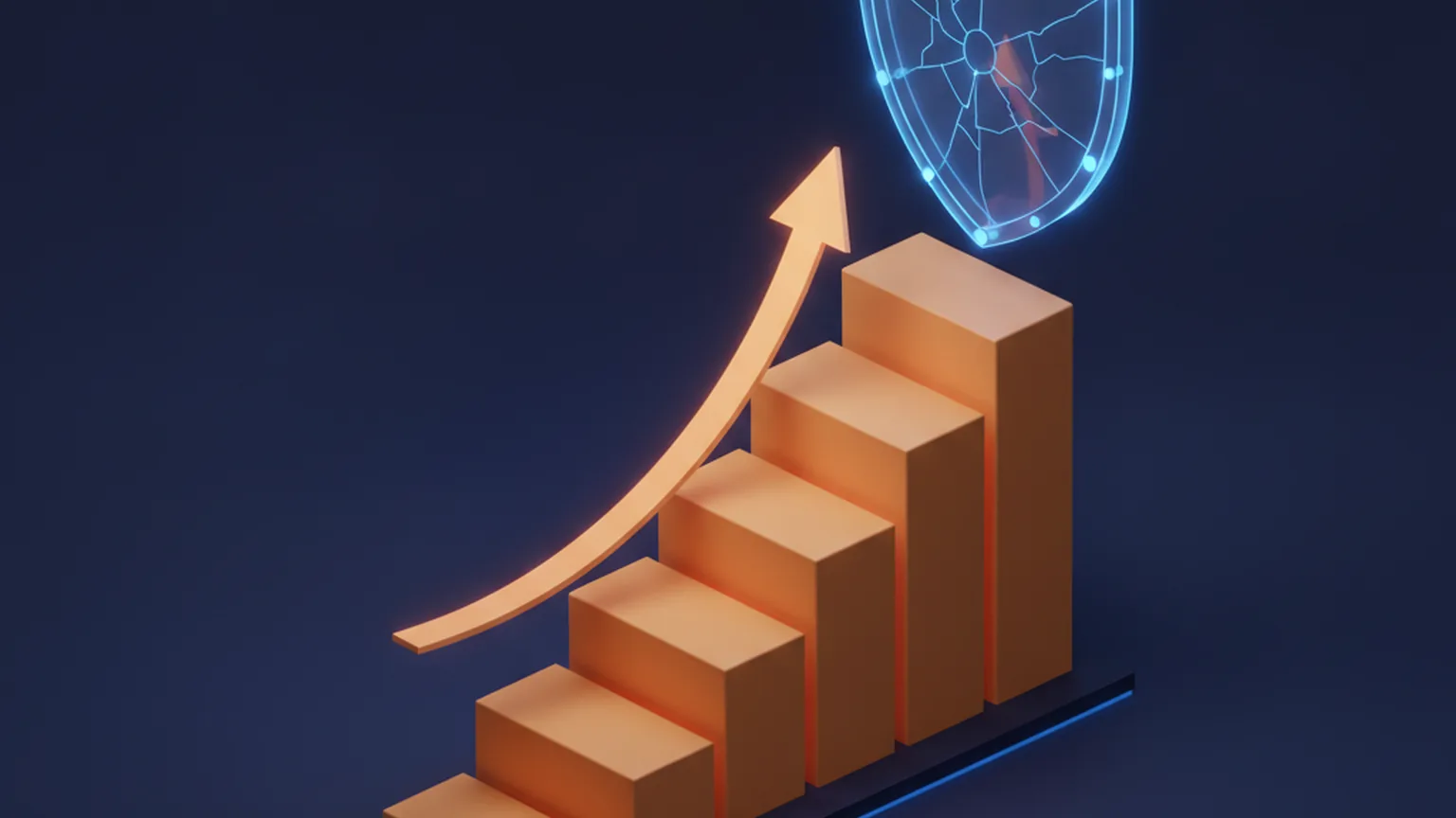 Isometric illustration of rising amber bar-chart columns with an upward arrow and a cracked blue security shield formed of network nodes on a deep navy background