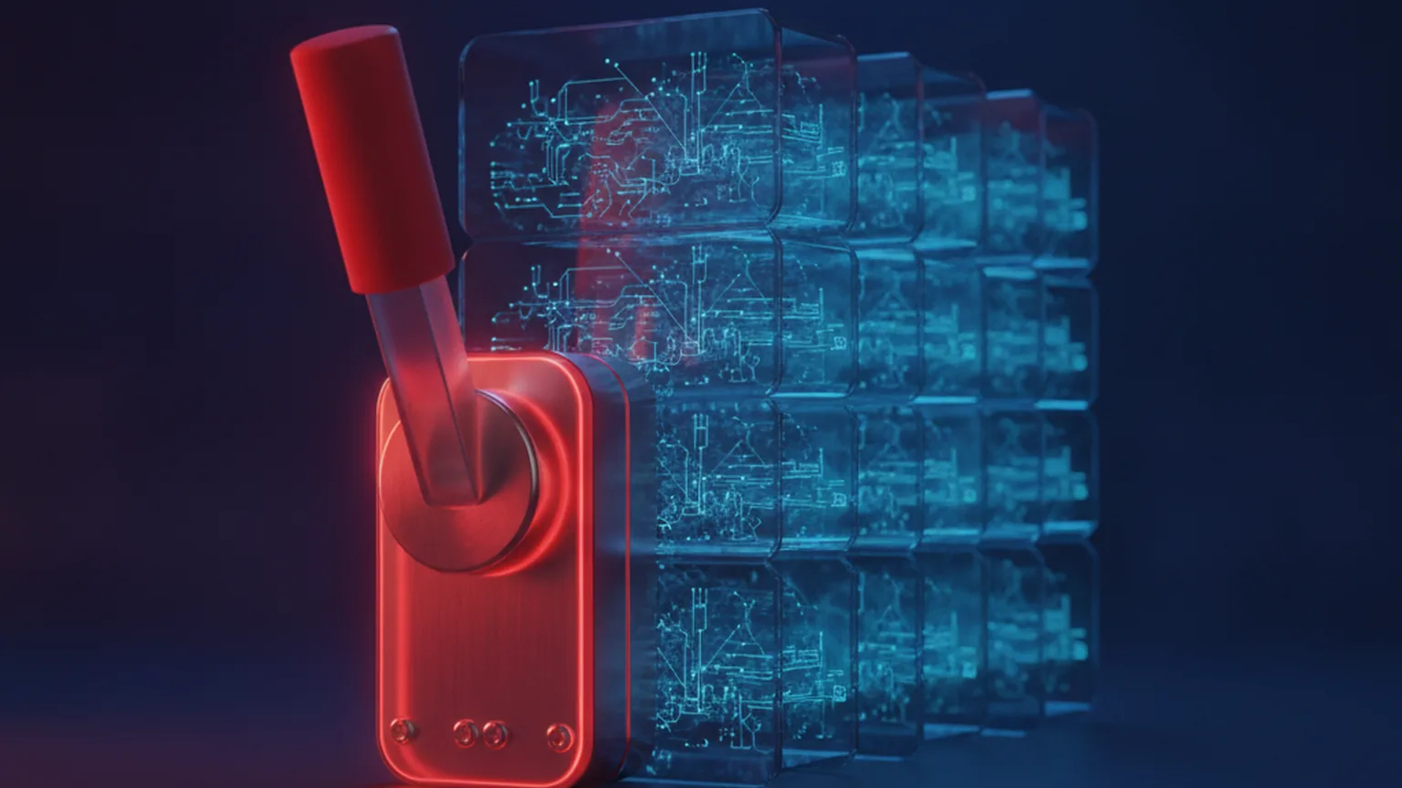 Conceptual illustration of a glowing red emergency shutdown lever beside a translucent server array on a deep navy background, representing a mandated AI kill switch