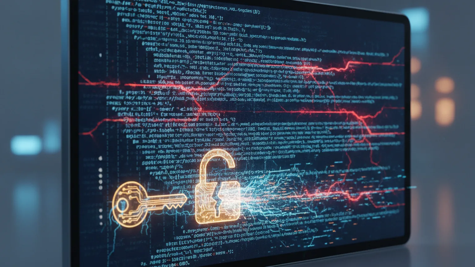 Ein dunkler Code-Editor mit Quellcode-Zeilen, die von roten Bruchlinien durchzogen sind, daneben ein leuchtender Schlüssel an einem offenen Vorhängeschloss – Sinnbild für offengelegte Secrets und Schwachstellen in KI-generiertem Code