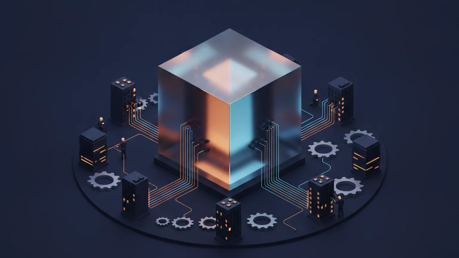 Isometric illustration of a glowing AI cube at the center of a ring of enterprise buildings and gears, connected by amber and blue light-track cables that small engineer figures are plugging in, representing AI being implemented inside companies