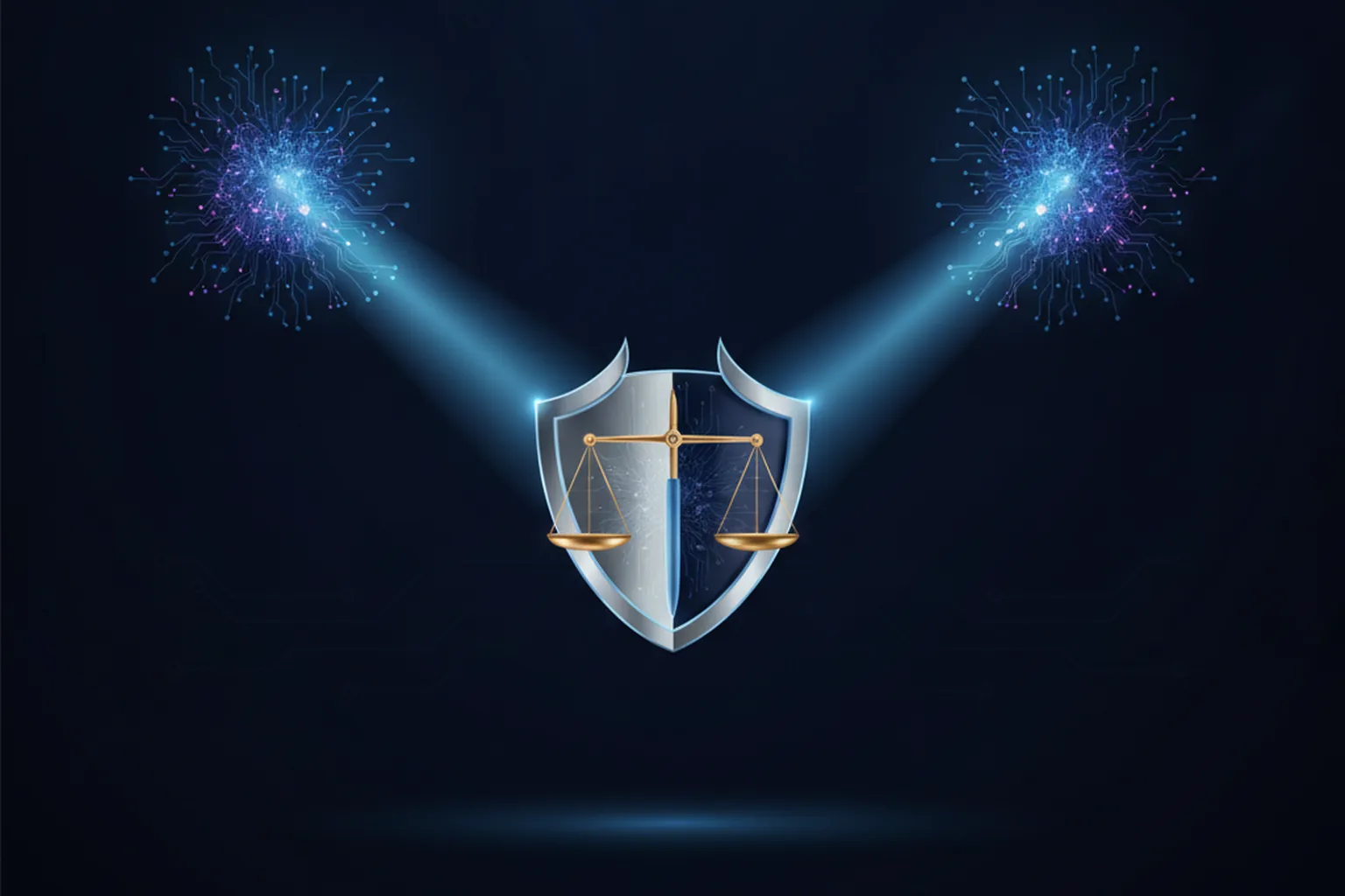 Two glowing AI network clusters projecting beams onto a central shield-and-scales emblem, illustrating an independent standards body auditing frontier AI models before release
