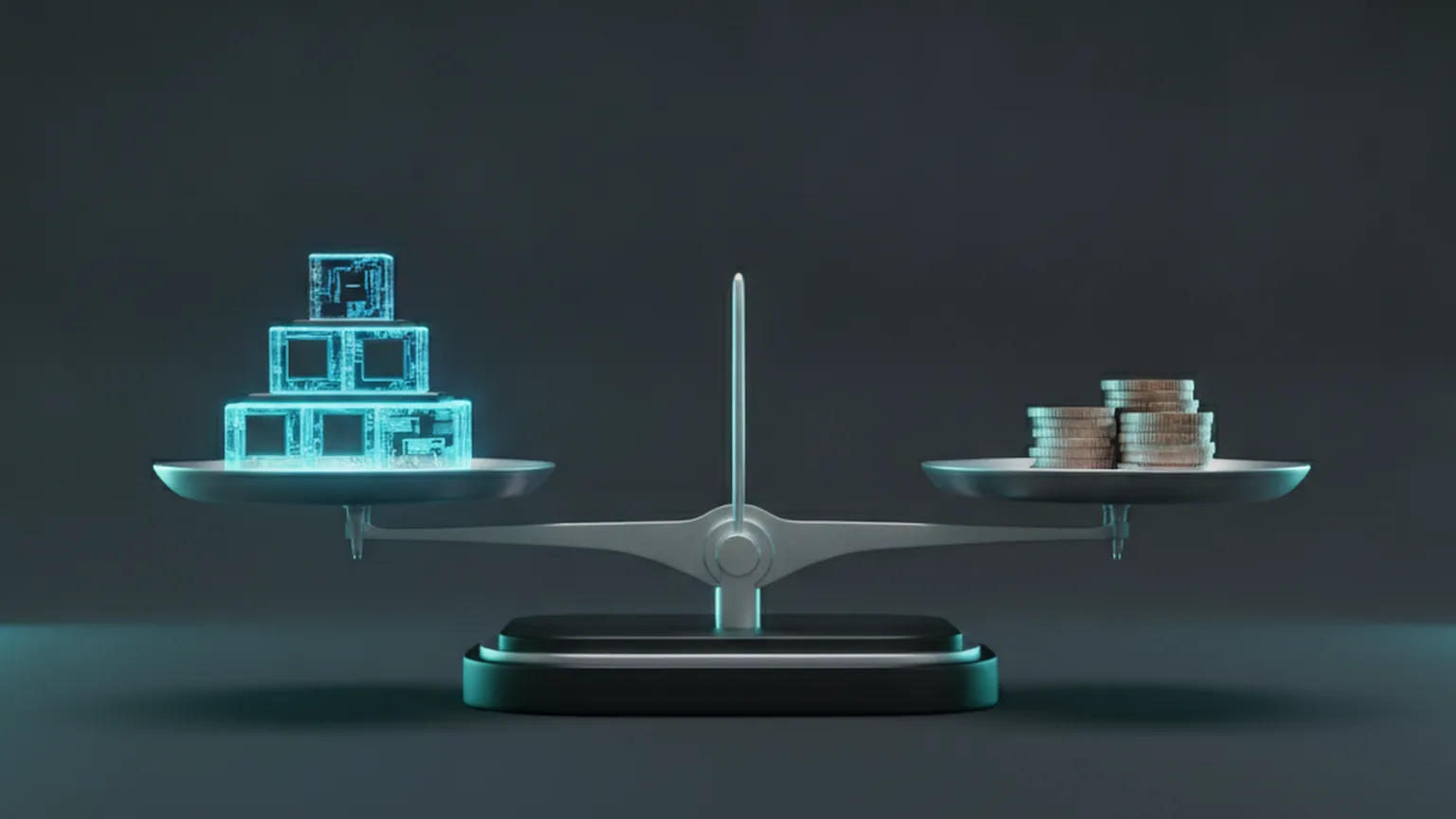 A balance scale weighing a stack of glowing translucent microchips against a stack of coins on a dark background, illustrating the cost tradeoff between AI models